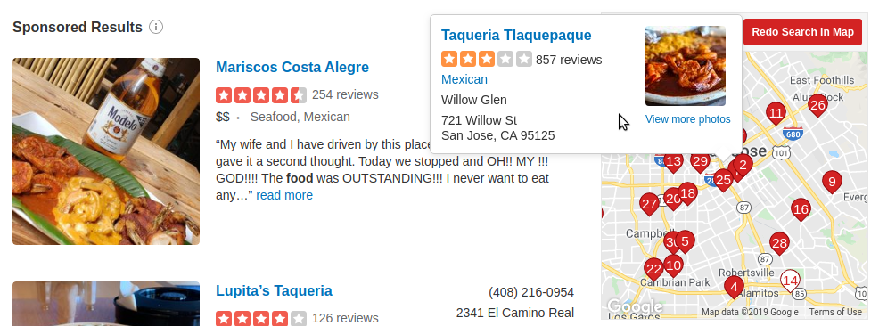 Yelp information windows